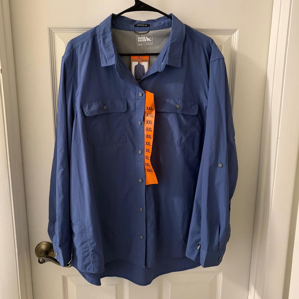 Eddie Bauer Womens XXL Blue Classic Fit Button Up Roll Tab Outdoor Shirt NWT